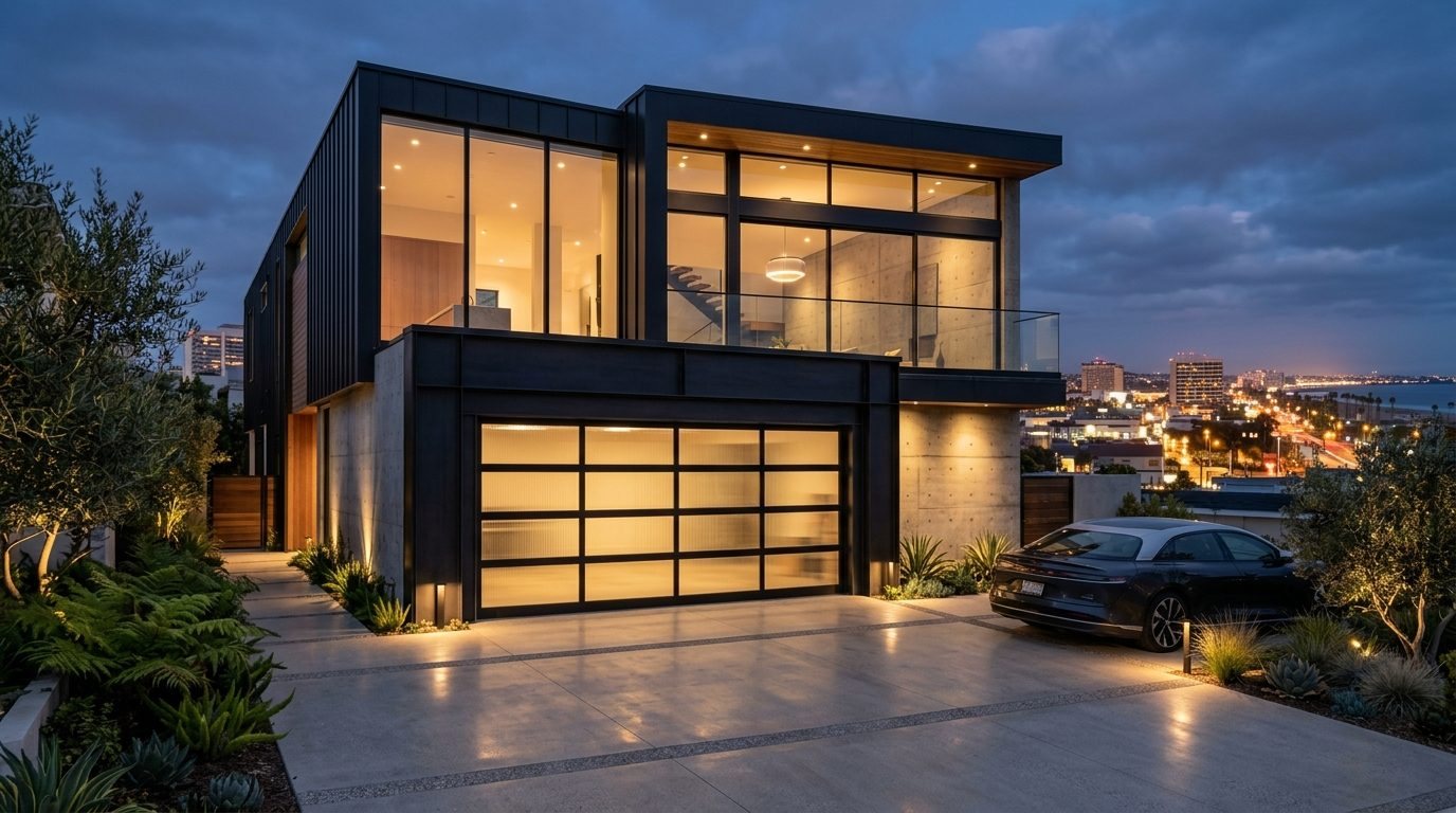 Marcos Pro Garage Door Exterior Closed Garage Door at Twilight