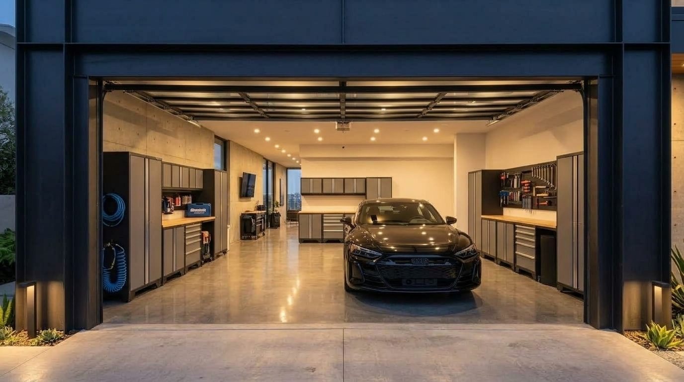 Marcos Pro Garage Door Interior View of Custom Garage Door Overhead and Workshop